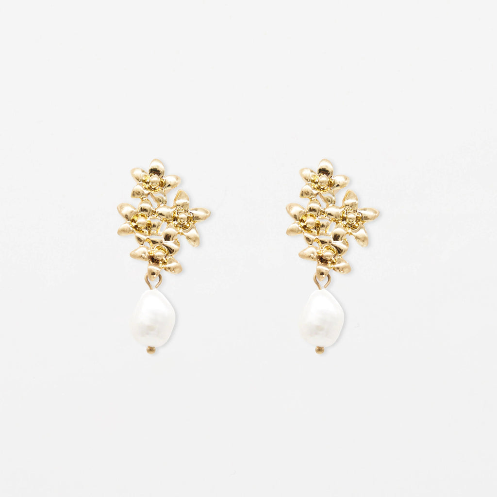 Gold Flower with Pearl Drop Earrings