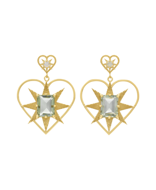 Shining Heart Earrings | 22k Gold Plate | White Zircon & Green Amethyst