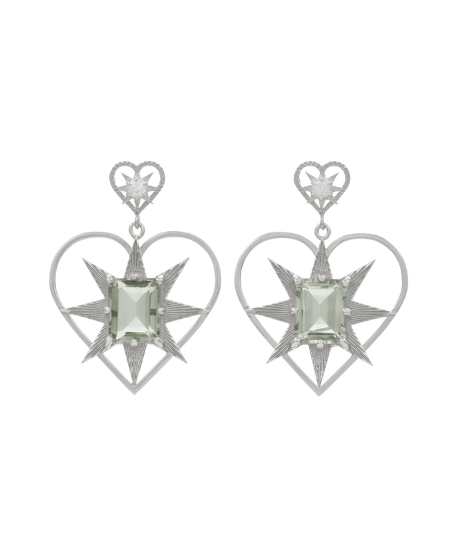 Shining Heart Earrings | Sterling Silver | White Zircon & Green Amethyst